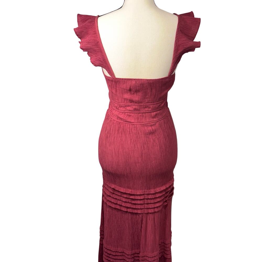 Max+Ash feminine cottagecore Pleated Tiered Midi Dress Rose Pink Flutter Sleeve - Picture 5 of 13